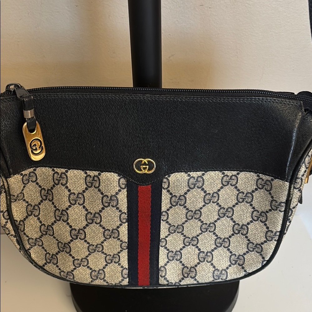 GUCCI Vintage, GG Canvas Sherry Line Bag, Gray, Red, Navy/Black, leather trim.